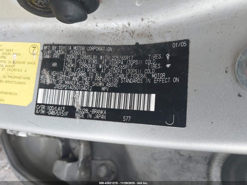 2005 Toyota Highlander Limited V6 VIN: JTEEP21A050104012 Lot: 43821278