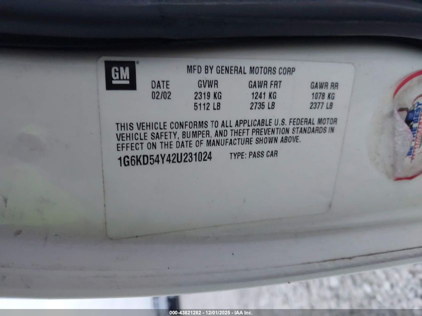 2002 Cadillac Deville Standard VIN: 1G6KD54Y42U231024 Lot: 43821282