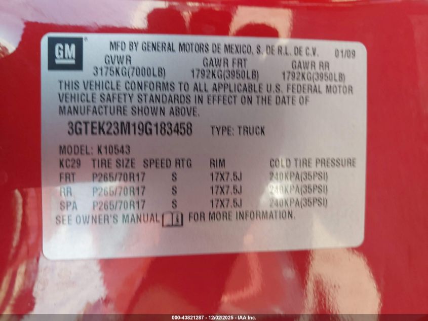 2009 GMC Sierra 1500 Sle VIN: 3GTEK23M19G183458 Lot: 43821287