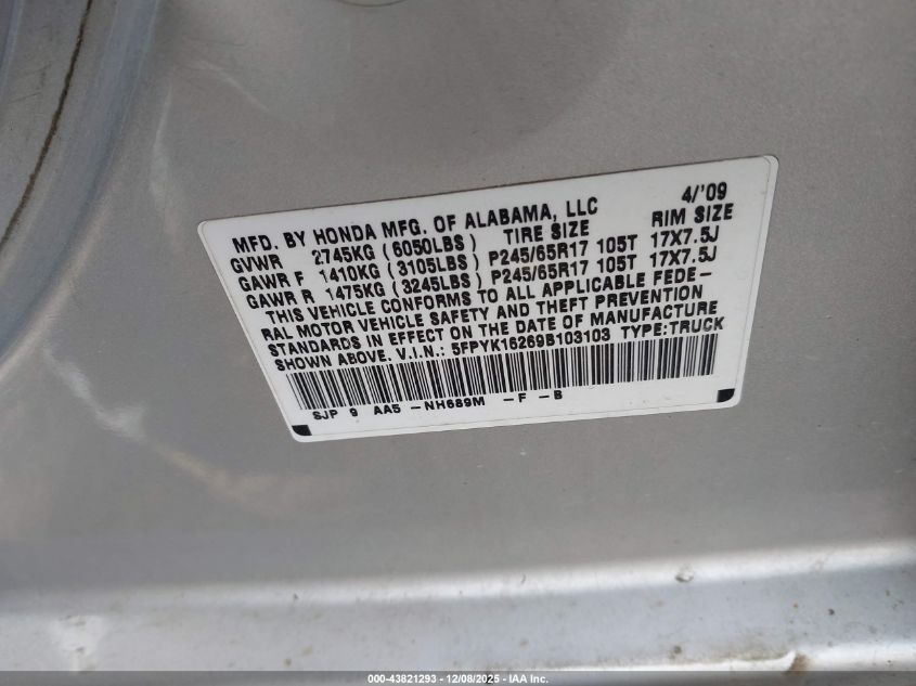 2009 Honda Ridgeline Rt VIN: 5FPYK16269B103103 Lot: 43821293