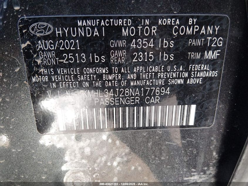 2022 Hyundai Sonata Limited VIN: KMHL34J28NA177694 Lot: 43821303