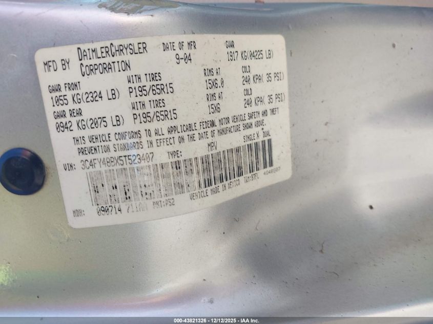 2005 Chrysler Pt Cruiser VIN: 3C4FY48BX5T523407 Lot: 43821326