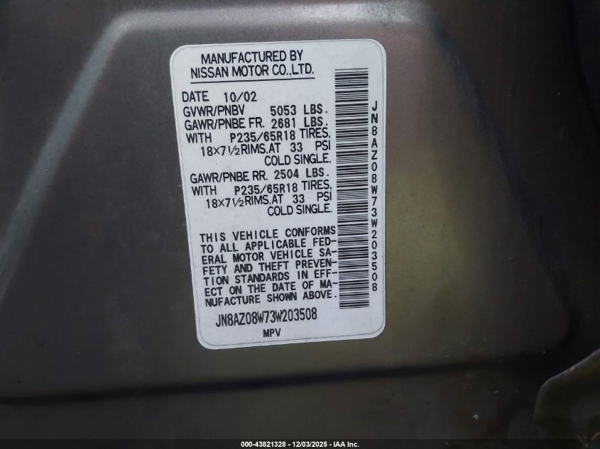 2003 Nissan Murano Se VIN: JN8AZ08W73W203508 Lot: 43821328