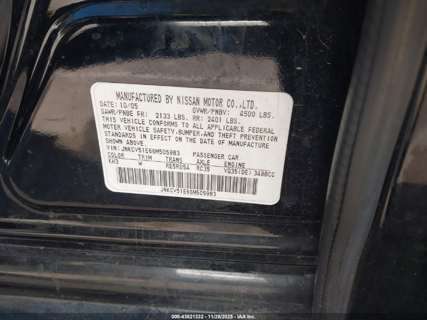 2006 Infiniti G35 VIN: JNKCV51E66M505983 Lot: 43821332