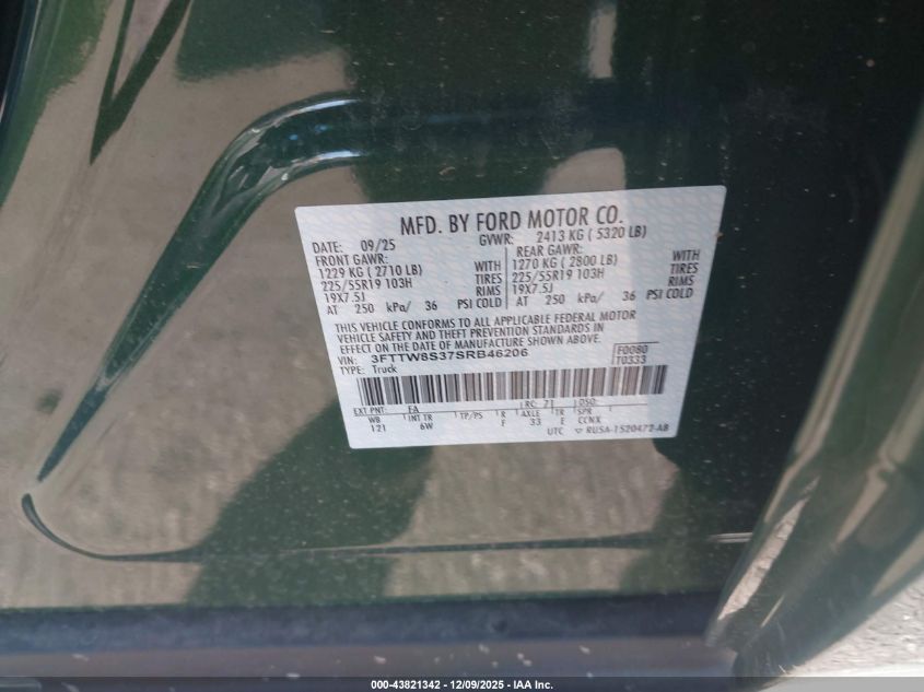 2025 Ford Maverick Lariat VIN: 3FTTW8S37SRB46206 Lot: 43821342