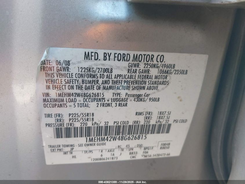 2008 Mercury Sable Premier VIN: 1MEHM42W48G626815 Lot: 43821359