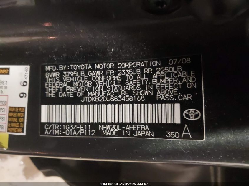 2008 Toyota Prius Touring VIN: JTDKB20U883458168 Lot: 43821360