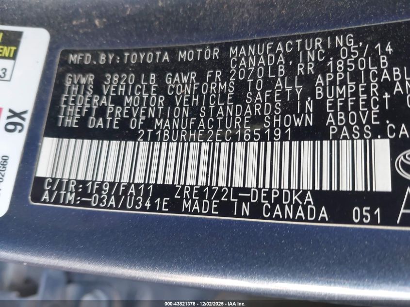 2014 Toyota Corolla L VIN: 2T1BURHE2EC165191 Lot: 43821378