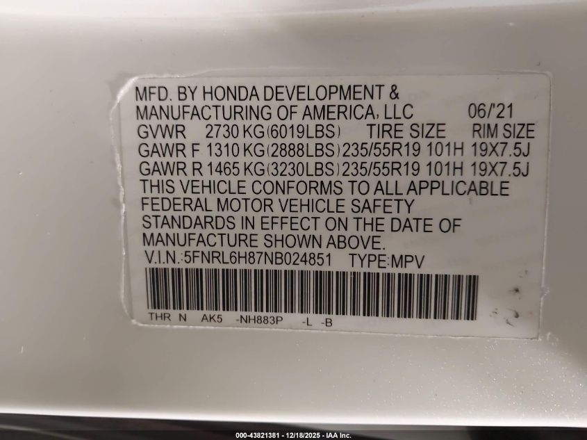 2022 Honda Odyssey Touring VIN: 5FNRL6H87NB024851 Lot: 43821381