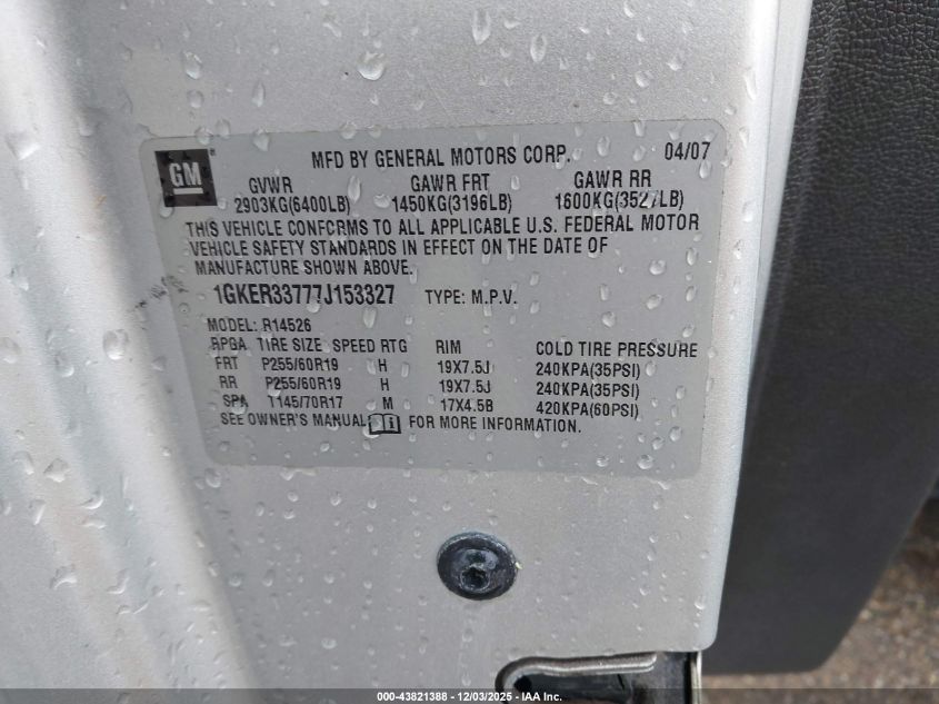 2007 GMC Acadia Slt-1 VIN: 1GKER33777J153327 Lot: 43821388