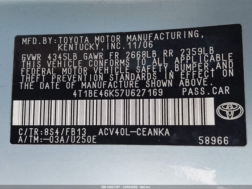 2007 Toyota Camry Le VIN: 4T1BE46K57U627169 Lot: 43821397