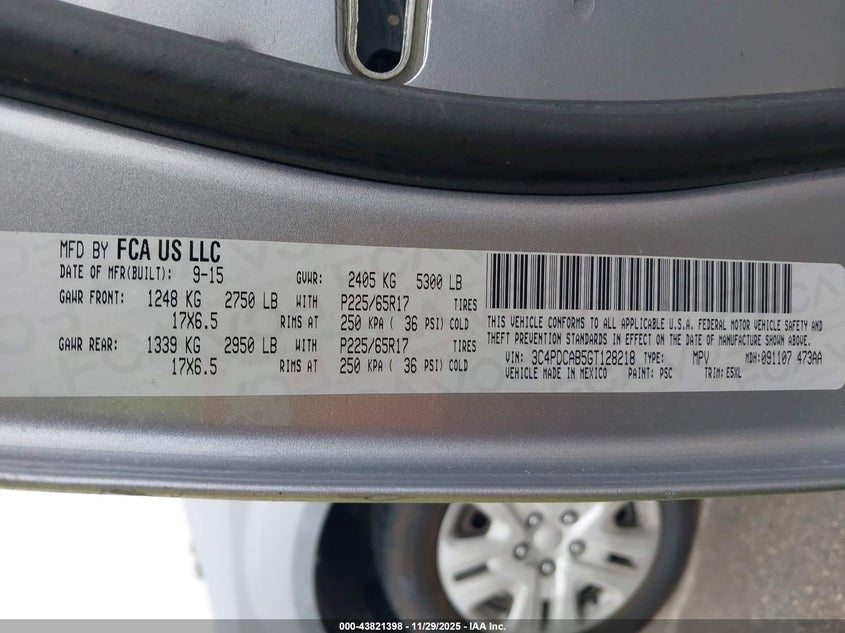 2016 Dodge Journey Se VIN: 3C4PDCAB5GT128218 Lot: 43821398