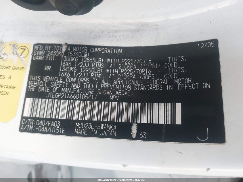 2006 Toyota Highlander V6 VIN: JTEGP21A660105417 Lot: 43821399