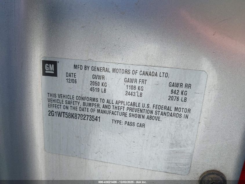 2007 Chevrolet Impala Lt VIN: 2G1WT58K879273541 Lot: 43821406