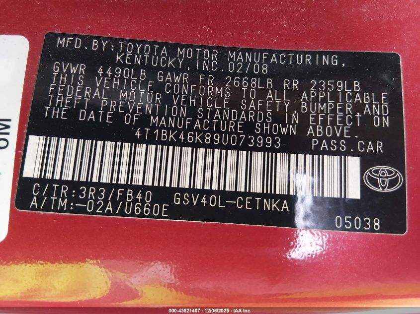 2009 Toyota Camry Le V6 VIN: 4T1BK46K89U073993 Lot: 43821407