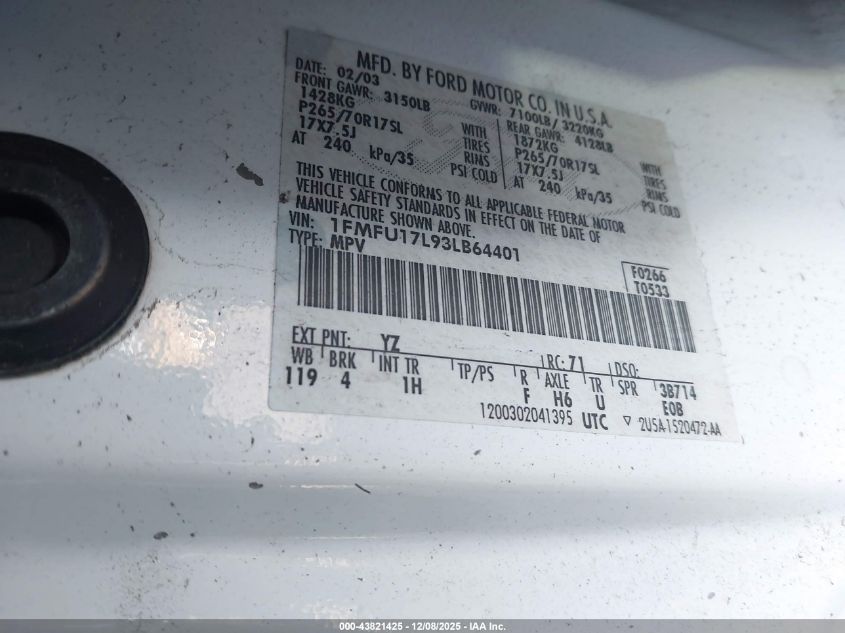 2003 Ford Expedition Eddie Bauer VIN: 1FMFU17L93LB64401 Lot: 43821425