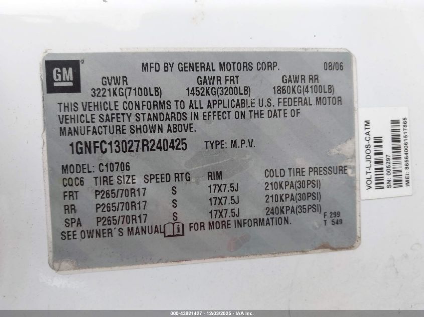 2007 Chevrolet Tahoe Lt VIN: 1GNFC13027R240425 Lot: 43821427