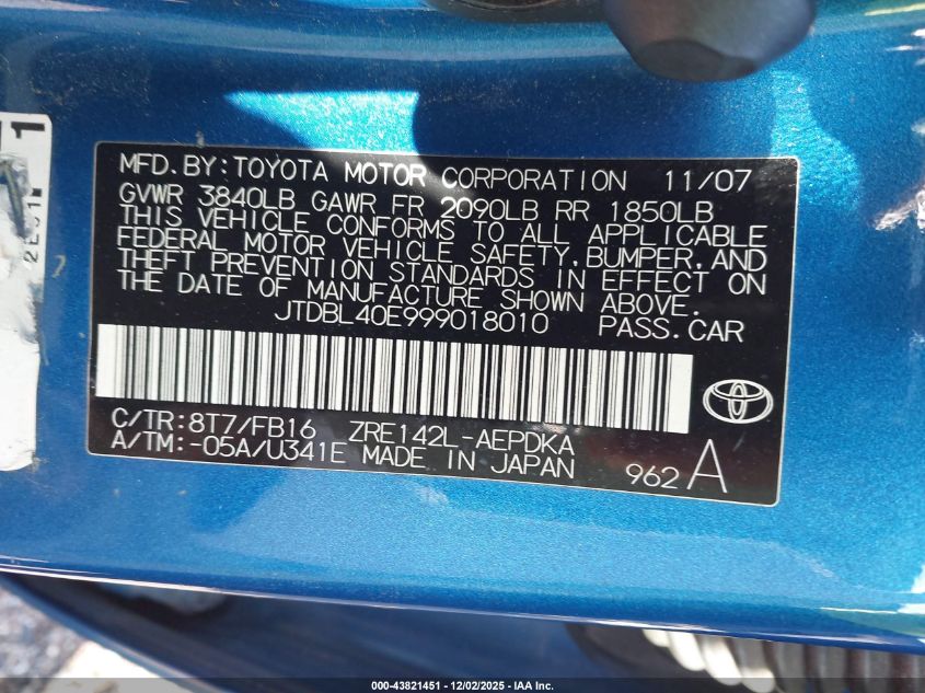 2009 Toyota Corolla Le VIN: JTDBL40E999018010 Lot: 43821451