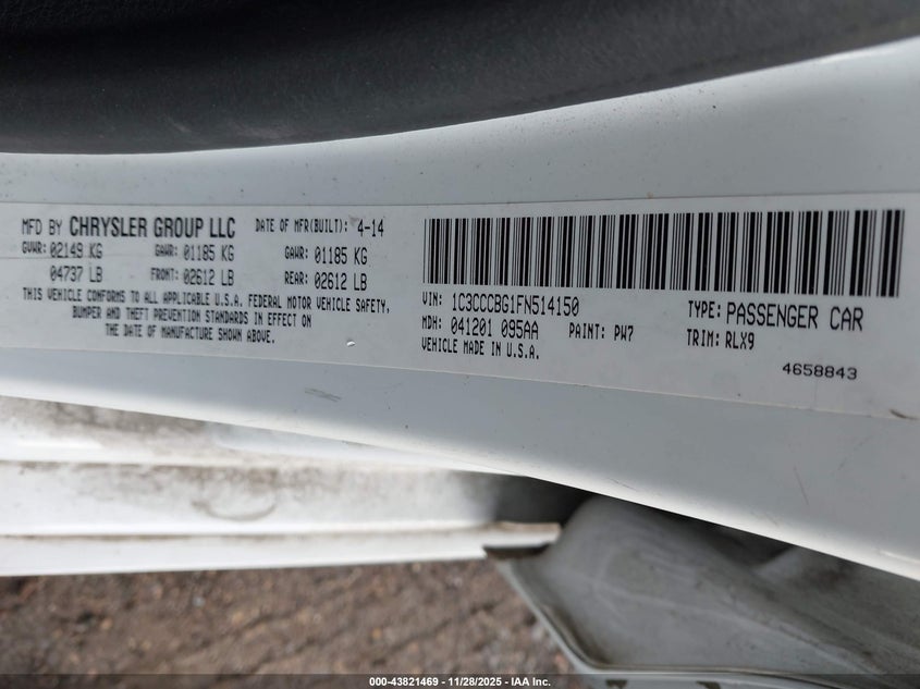 2015 Chrysler 200 S VIN: 1C3CCCBG1FN514150 Lot: 43821469