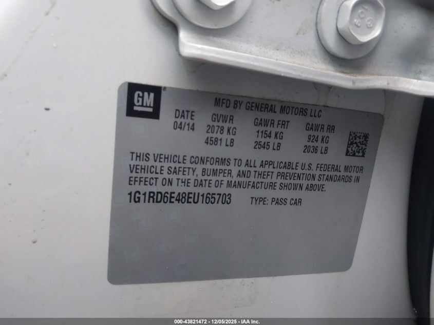 2014 Chevrolet Volt VIN: 1G1RD6E48EU165703 Lot: 43821472