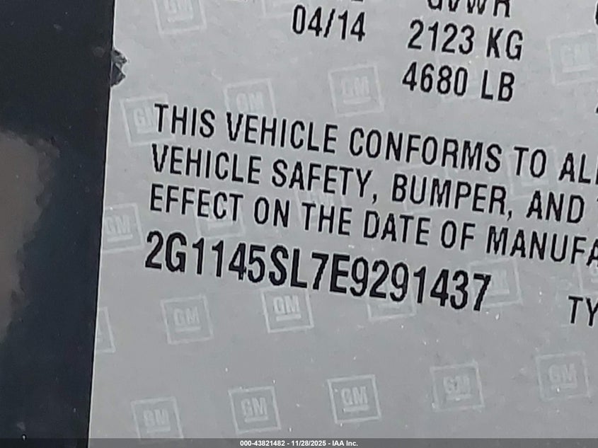 2014 Chevrolet Impala 1Lz VIN: 2G1145SL7E9291437 Lot: 43821482