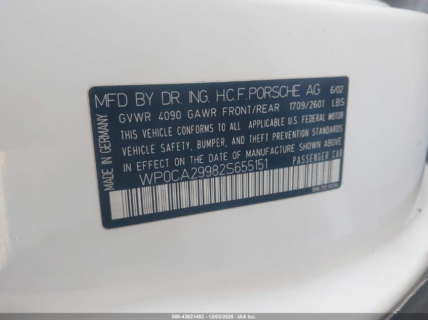 2002 Porsche 911 Carrera/Carrera 4 VIN: WP0CA29982S655151 Lot: 43821492