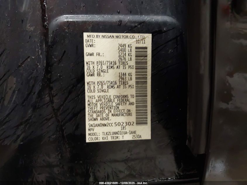 2012 Nissan Xterra Pro-4X VIN: 5N1AN0NW2CC502302 Lot: 43821509