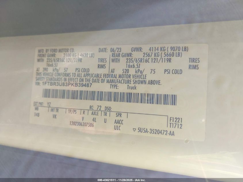 2023 Ford Transit-250 Cargo Van VIN: 1FTBR3U83PKB39487 Lot: 43821511