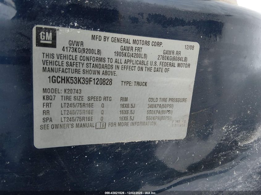 2009 Chevrolet Silverado 2500Hd Lt VIN: 1GCHK53K39F120828 Lot: 43821526