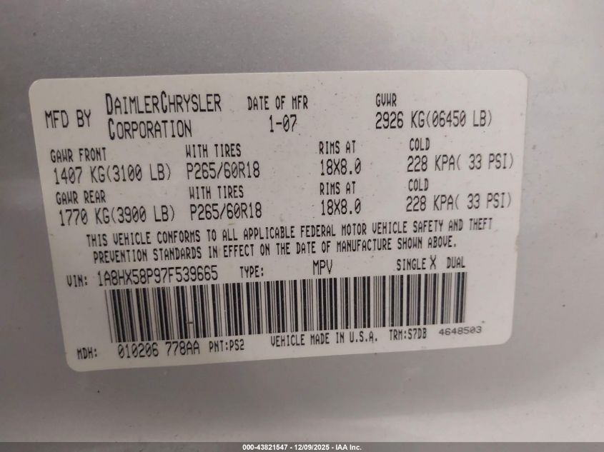 2007 Chrysler Aspen Limited VIN: 1A8HX58P97F539665 Lot: 43821547