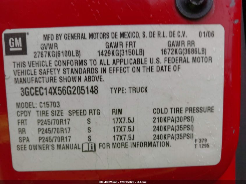 2006 Chevrolet Silverado 1500 Work Truck VIN: 3GCEC14X56G205148 Lot: 43821548