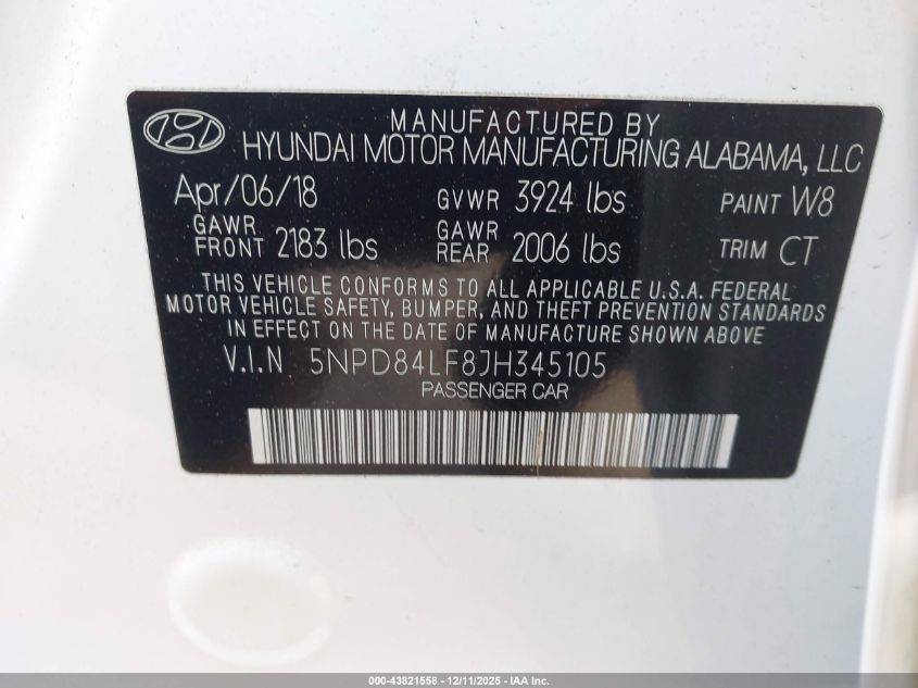 2018 Hyundai Elantra Value Edition VIN: 5NPD84LF8JH345105 Lot: 43821558