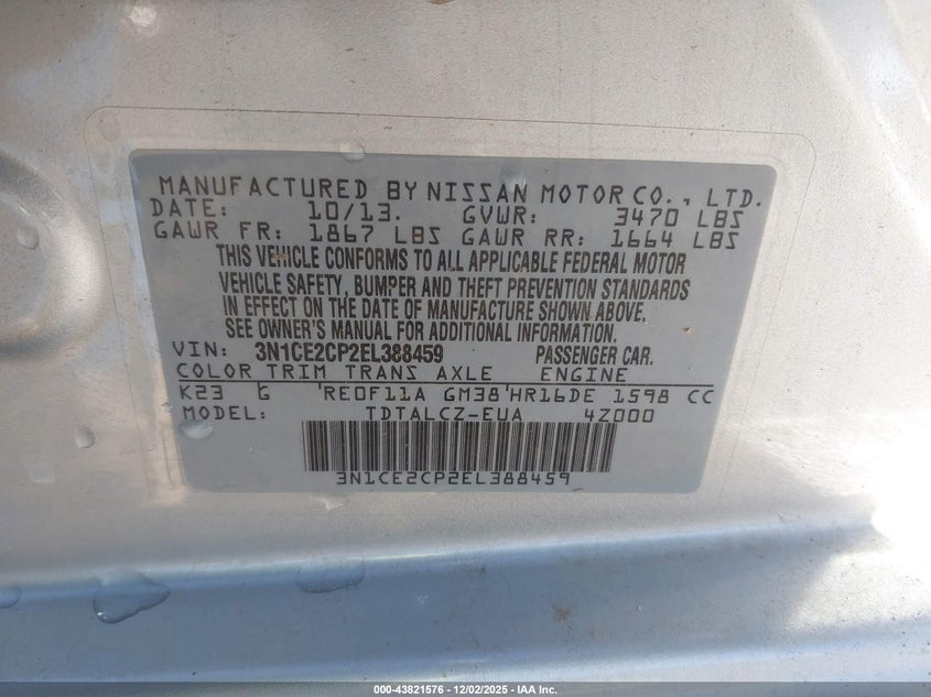 3N1CE2CP2EL388459 2014 NISSAN VERSA photo no. 9