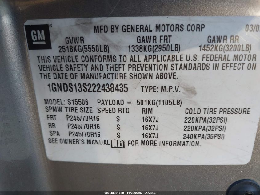 2002 Chevrolet Trailblazer Ls VIN: 1GNDS13S222438435 Lot: 43821579