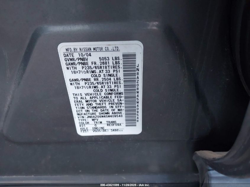 2005 Nissan Murano Se VIN: JN8AZ08W45W409548 Lot: 43821599