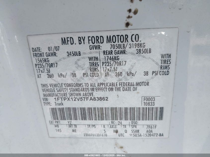 2007 Ford F-150 Lariat/Stx/Xl/Xlt VIN: 1FTPX12V57FA83862 Lot: 43821603