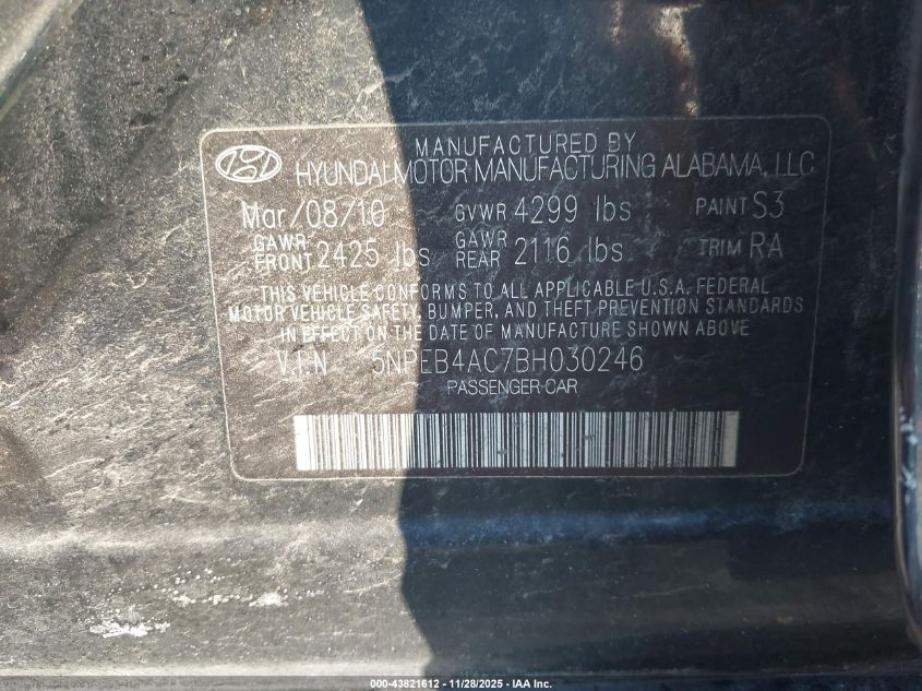 2011 Hyundai Sonata Gls VIN: 5NPEB4AC7BH030246 Lot: 43821612