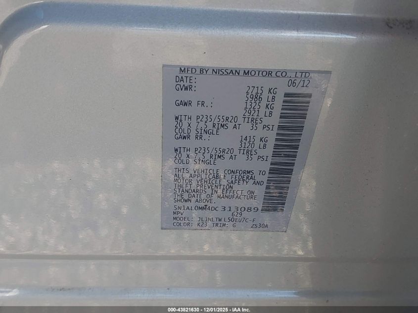 2013 Infiniti Jx35 VIN: 5N1AL0MM4DC313089 Lot: 43821630