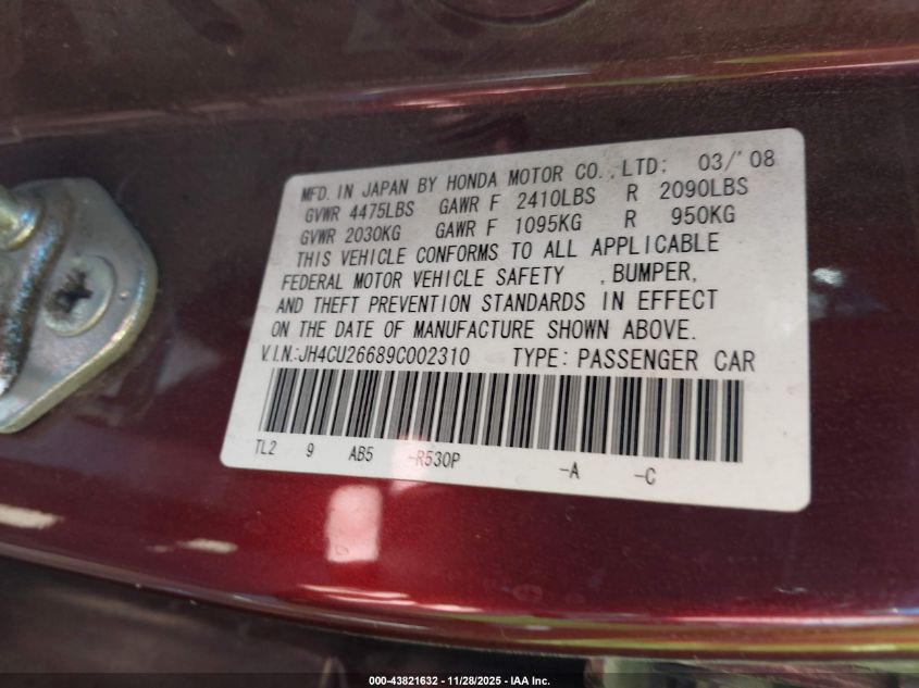 2009 Acura Tsx VIN: JH4CU26689C002310 Lot: 43821632