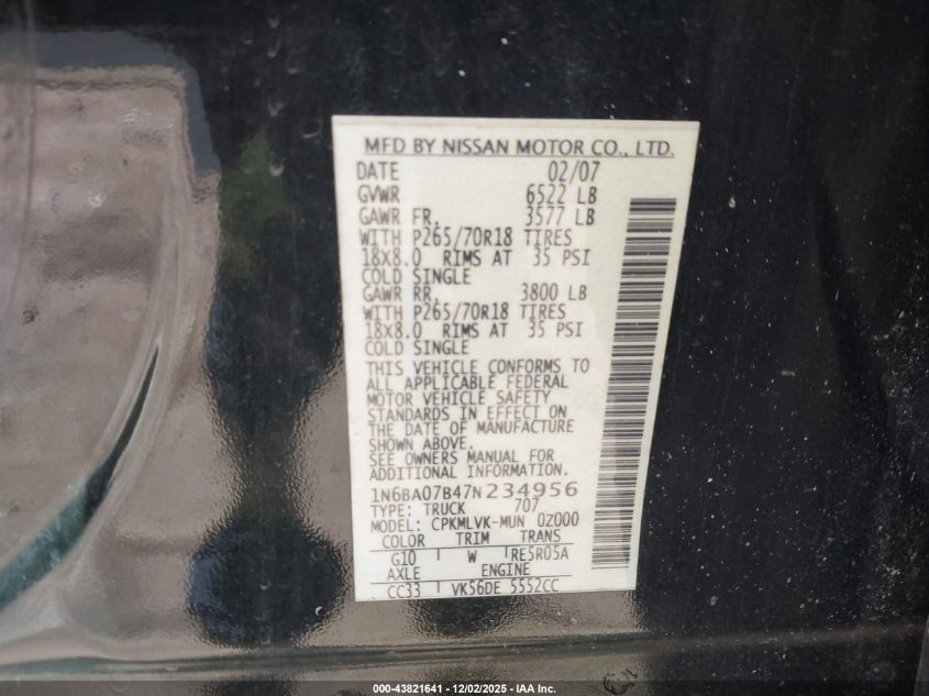 2007 Nissan Titan Le VIN: 1N6BA07B47N234956 Lot: 43821641