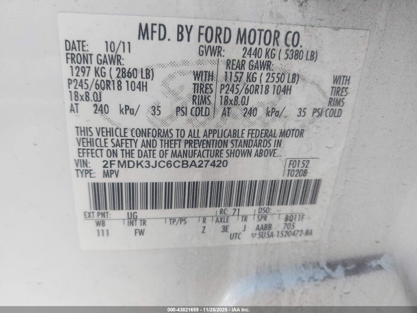 2012 Ford Edge Sel VIN: 2FMDK3JC6CBA27420 Lot: 43821659