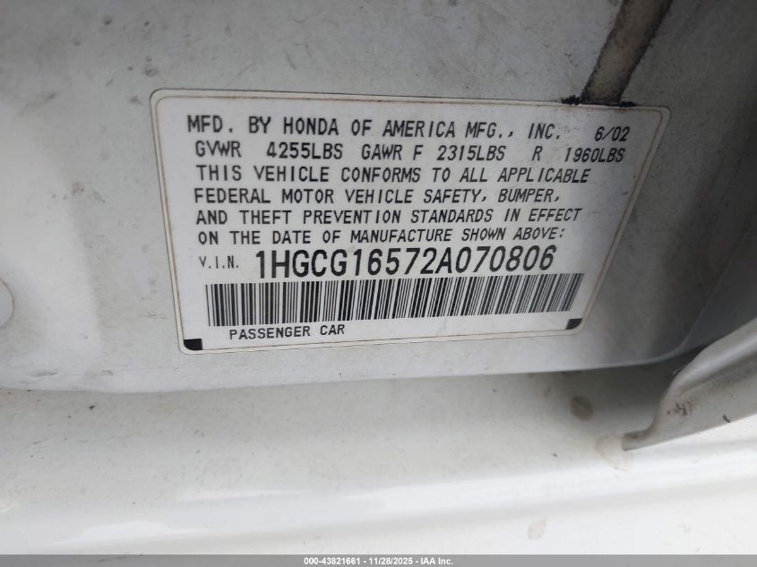 2002 Honda Accord 3.0 Ex VIN: 1HGCG16572A070806 Lot: 43821661