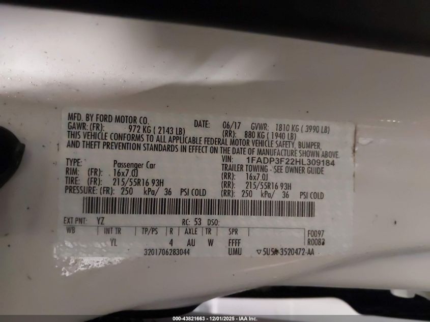 2017 Ford Focus VIN: 1FAGP3F26HL309184 Lot: 43821663