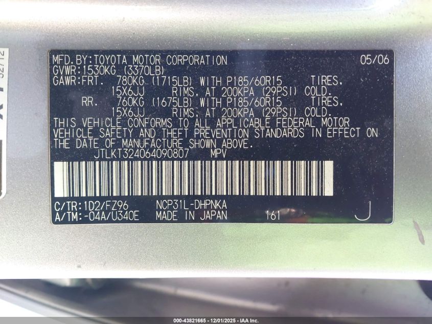 2006 Scion Xb VIN: JTLKT324064090807 Lot: 43821665