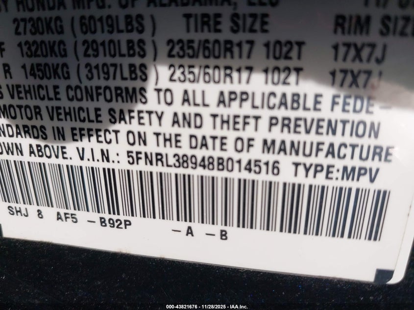 2008 Honda Odyssey Touring VIN: 5FNRL38948B014516 Lot: 43821676