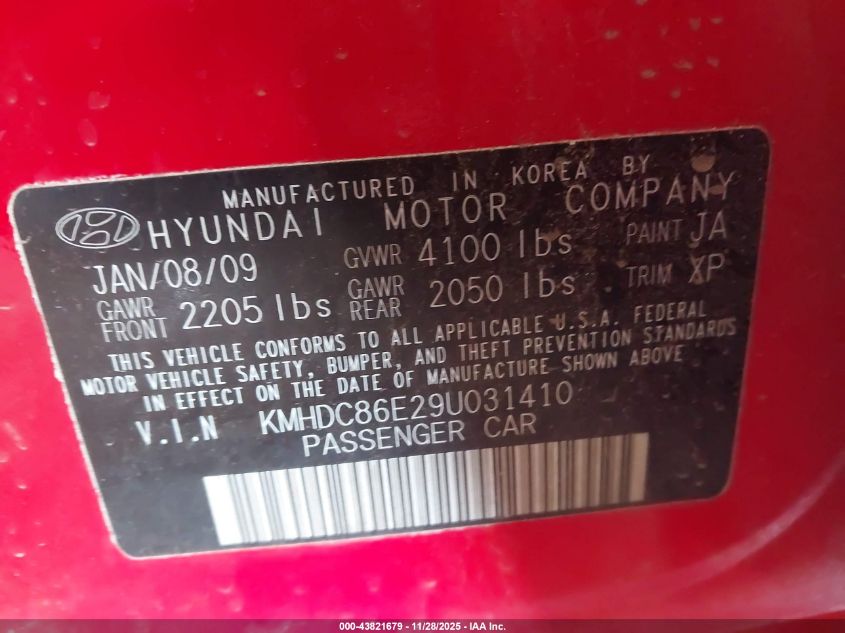 2009 Hyundai Elantra Touring VIN: KMHDC86E29U031410 Lot: 43821679