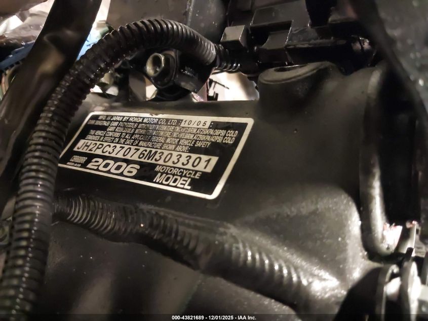 2006 Honda Cbr600 Rr VIN: JH2PC37076M303301 Lot: 43821689