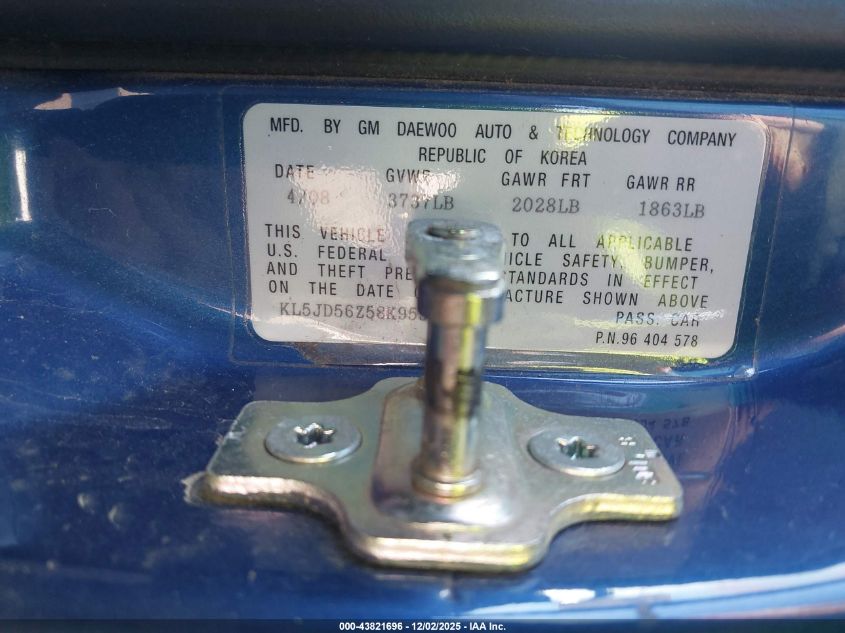 2008 Suzuki Forenza Convenience/Convenience Pkg/Popular VIN: KL5JD56Z58K955989 Lot: 43821696