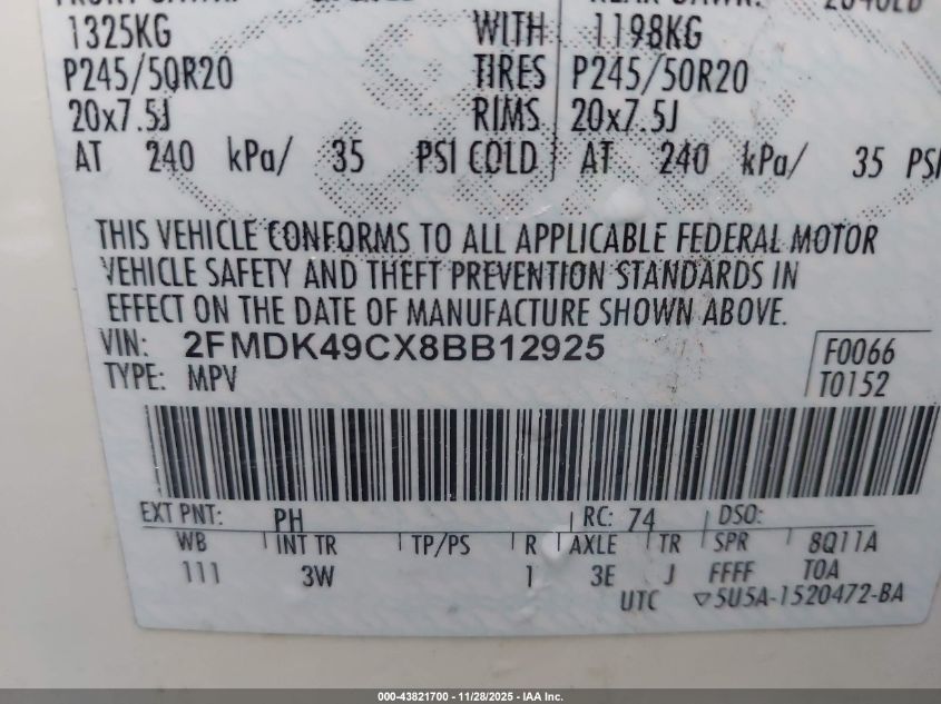 2008 Ford Edge Limited VIN: 2FMDK49CX8BB12925 Lot: 43821700