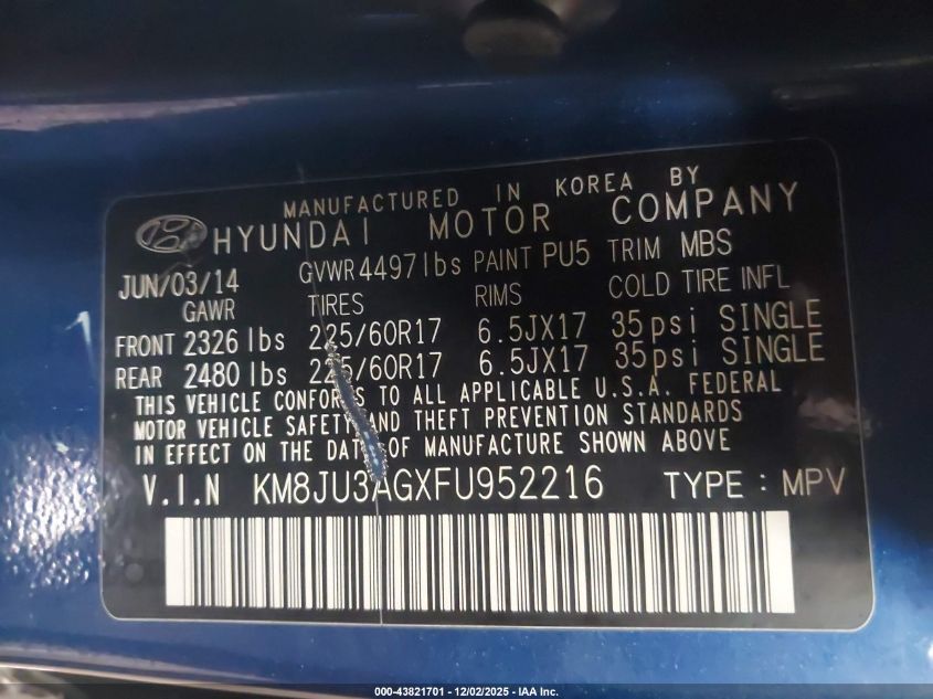 2015 Hyundai Tucson Se VIN: KM8JU3AGXFU952216 Lot: 43821701